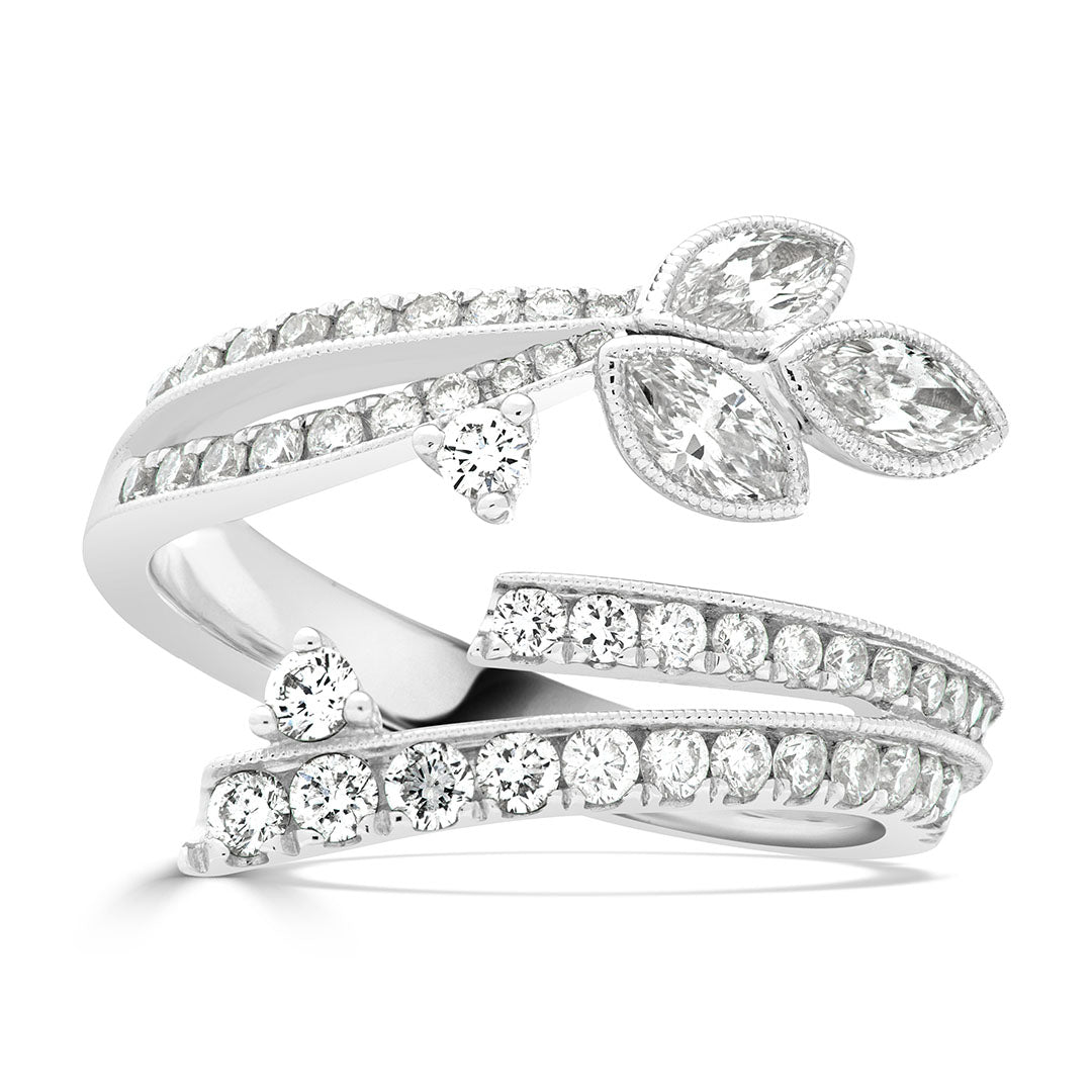 Marquise and Round Brilliant Diamond Leaf Design Open Dress Ring