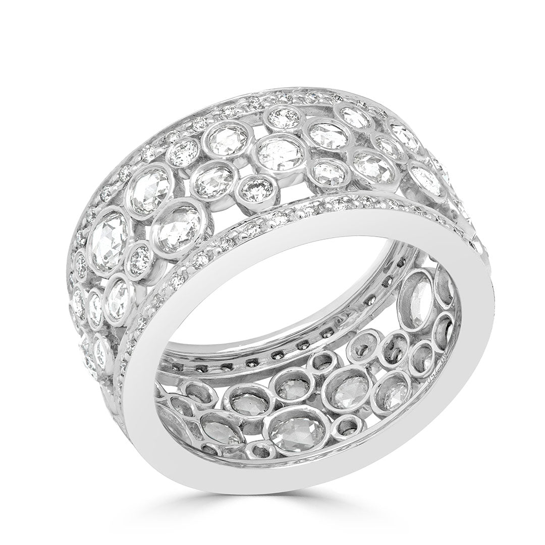 Round Brilliant and Rose Cut Diamond Bezel Set Wide Dress Ring