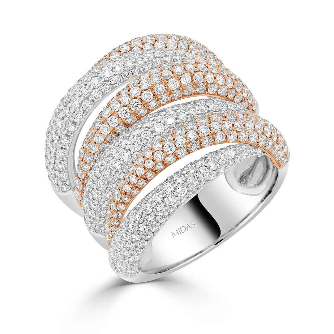 Round Brilliant Diamond Two-Tone Five Row Overlapping Pavé Dress Ring