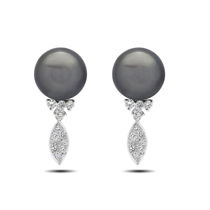 Round Brilliant Cut Diamond and Black Tahitian Pearl Drop Earrings