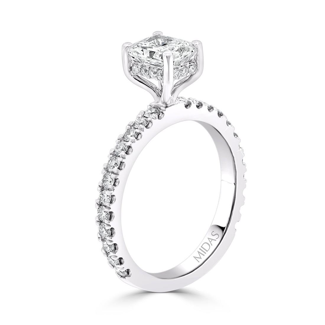LG Radiant Cut Solitaire with French Pavé Diamond Shoulder Engagement Ring