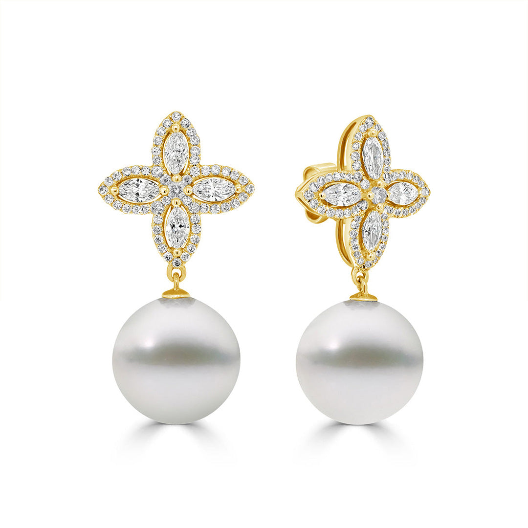 Marquise Diamond Cluster and Australian South Sea Pearl Drop Earrings