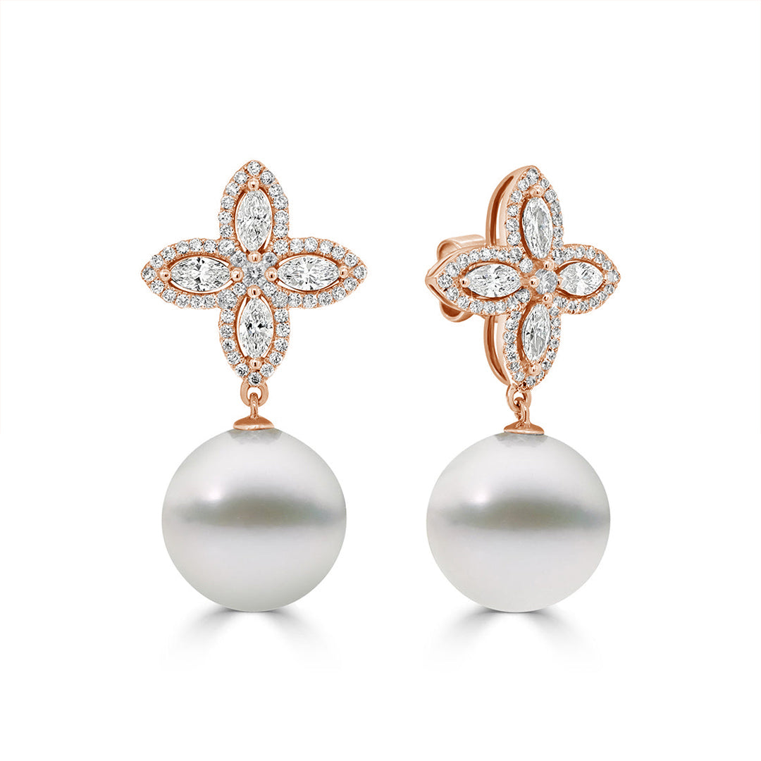 Marquise Diamond Cluster and Australian South Sea Pearl Drop Earrings