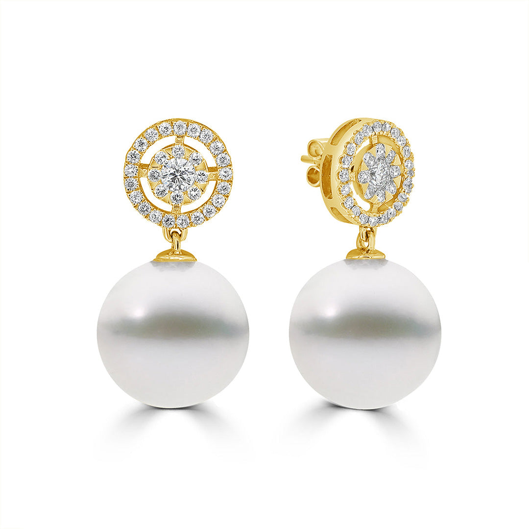 Round Brilliant Halo with Australian South Sea Pearls Drop Earrings