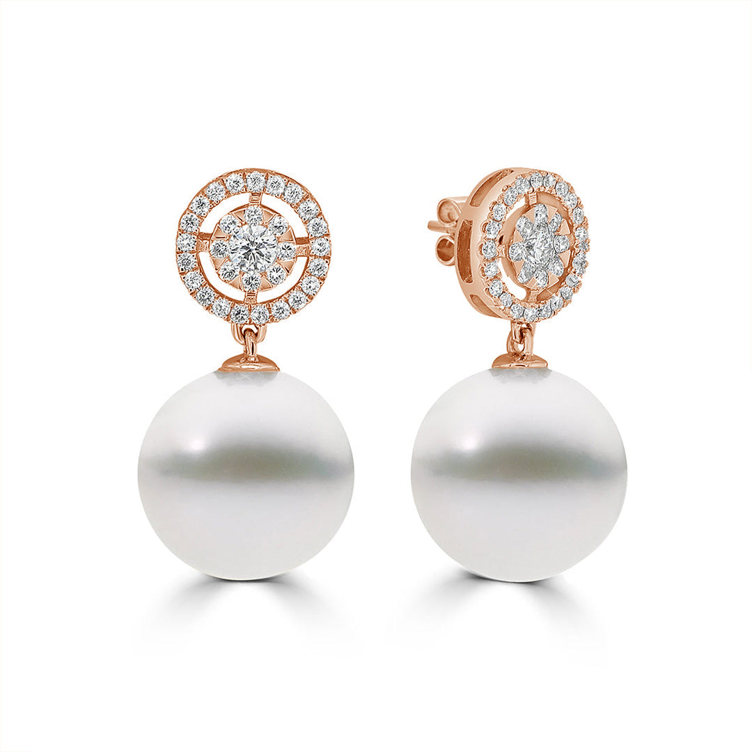 Round Brilliant Halo with Australian South Sea Pearls Drop Earrings