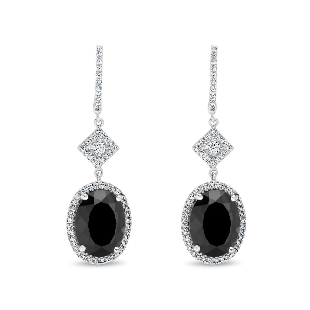 Oval Cut Black Diamond and Diamond Halo Drop Earrings