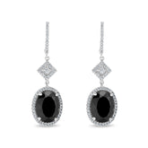 Oval Cut Black Diamond and Diamond Halo Drop Earrings