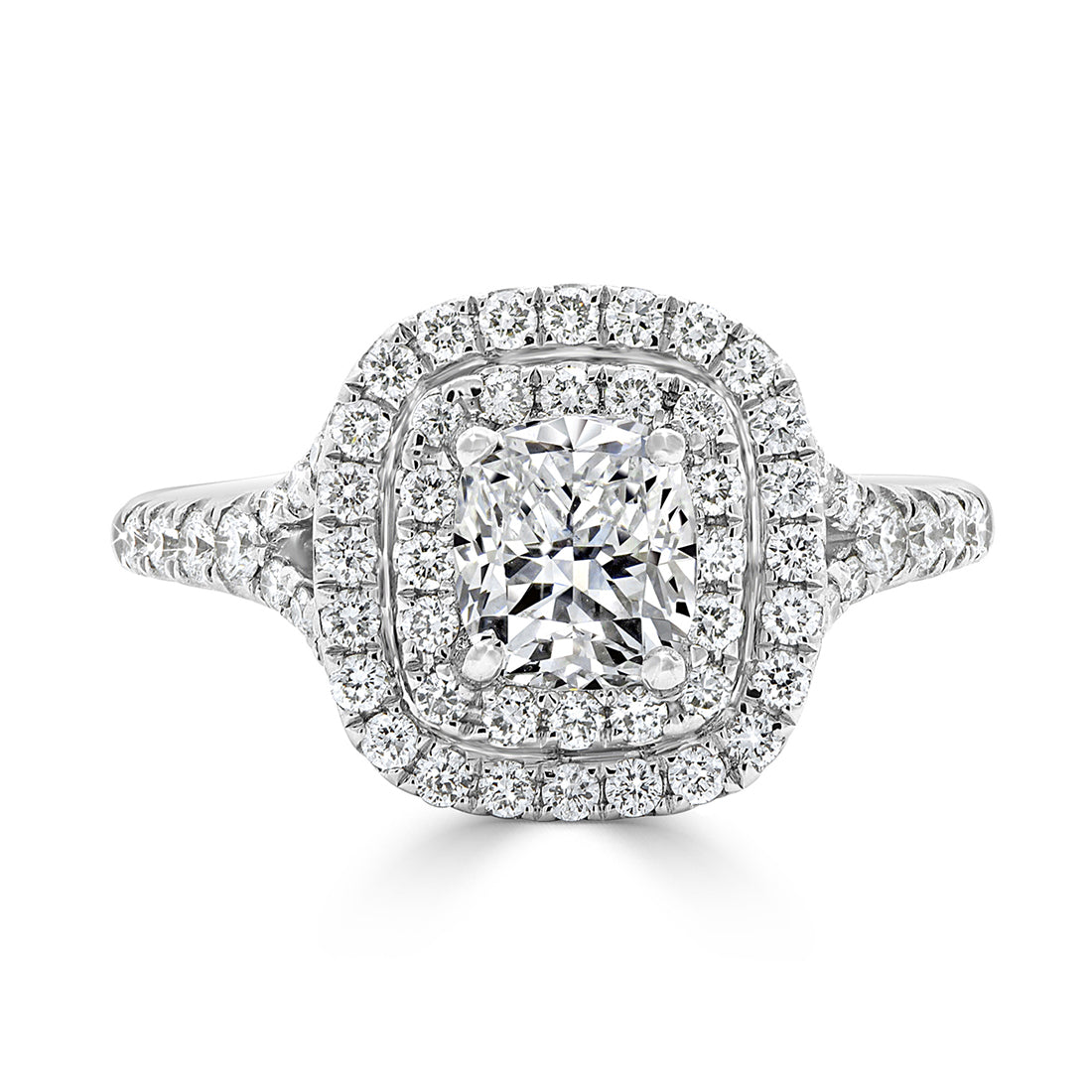 Cushion Cut Double Halo Diamond Engagement Ring with Split Shoulders
