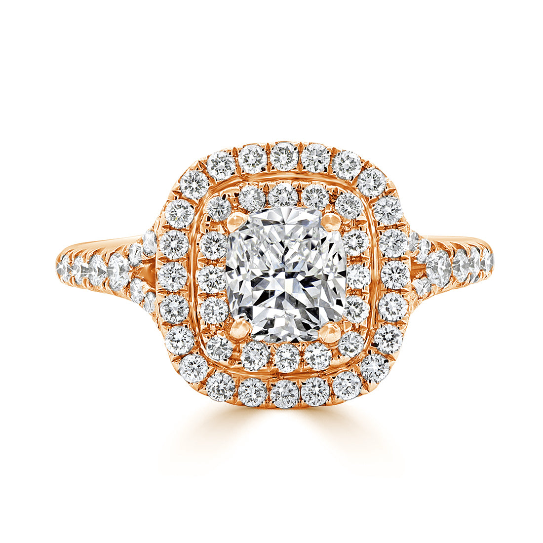 Cushion Cut Double Halo Diamond Engagement Ring with Split Shoulders