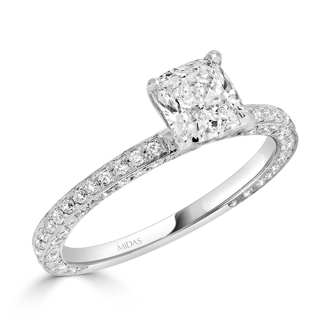 Cushion Cut Three Sided Pavé Diamond Engagement Ring
