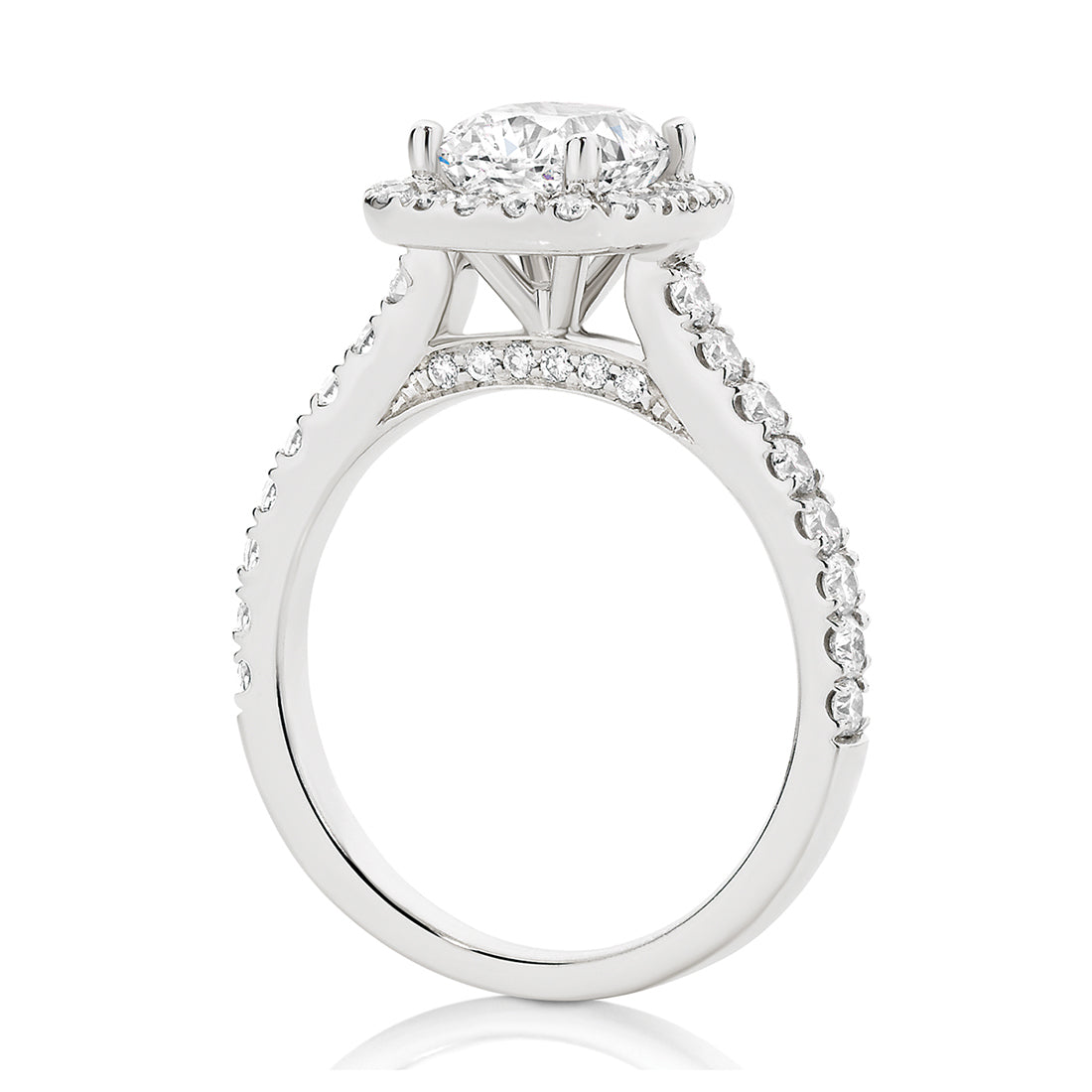 Cushion Cut Seamless Halo and Pavé Gallery Diamond Engagement Ring