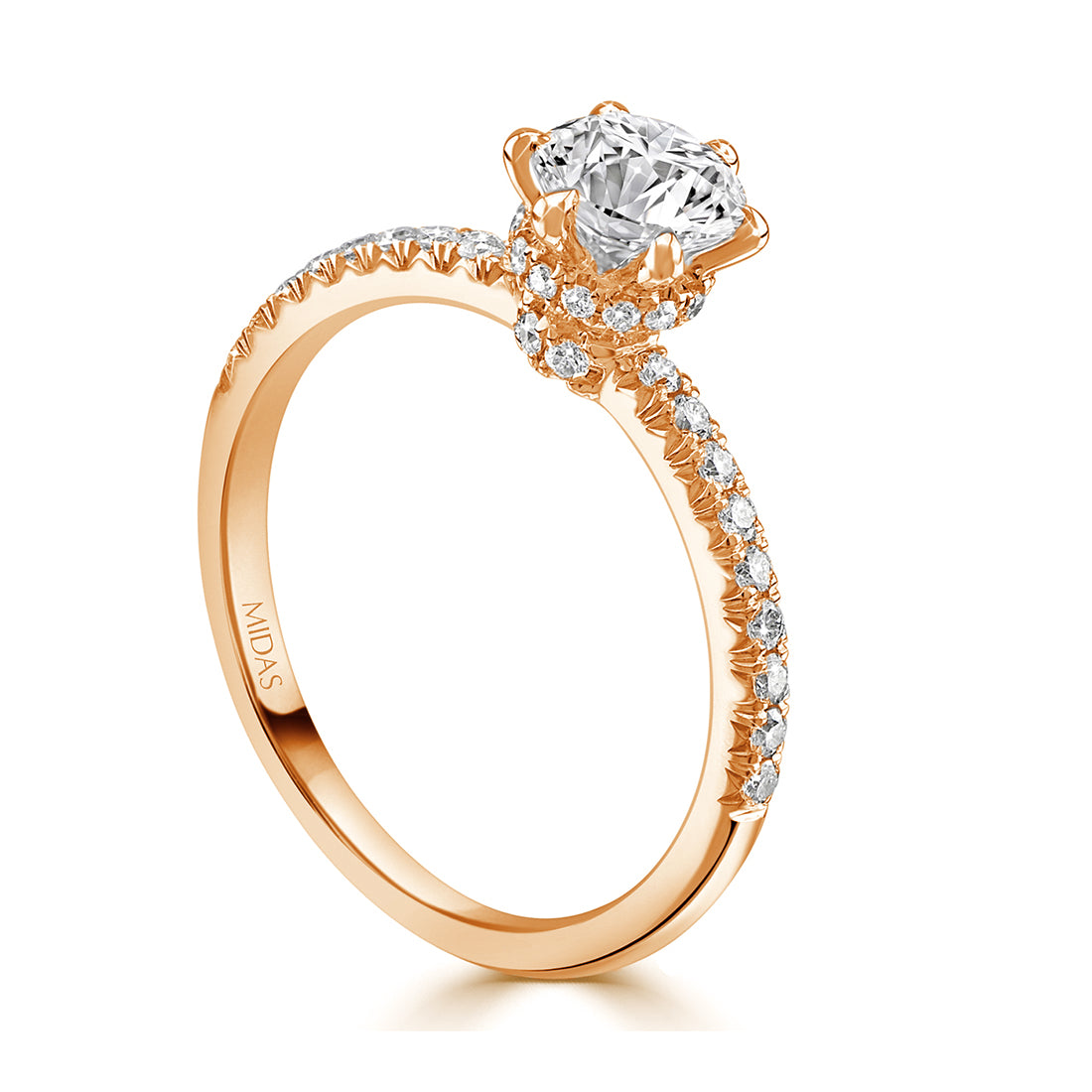 Round Brilliant Cut Pavé Solitaire with Shank and Shoulders Engagement Ring