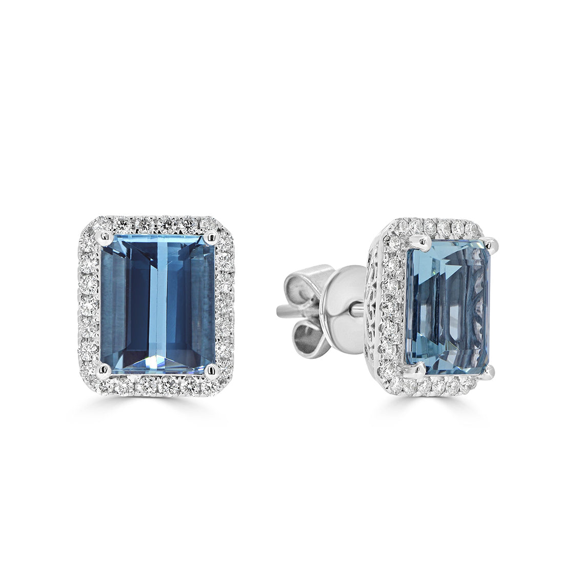Emerald Cut Aquamarine and Diamond Halo Stud Earrings