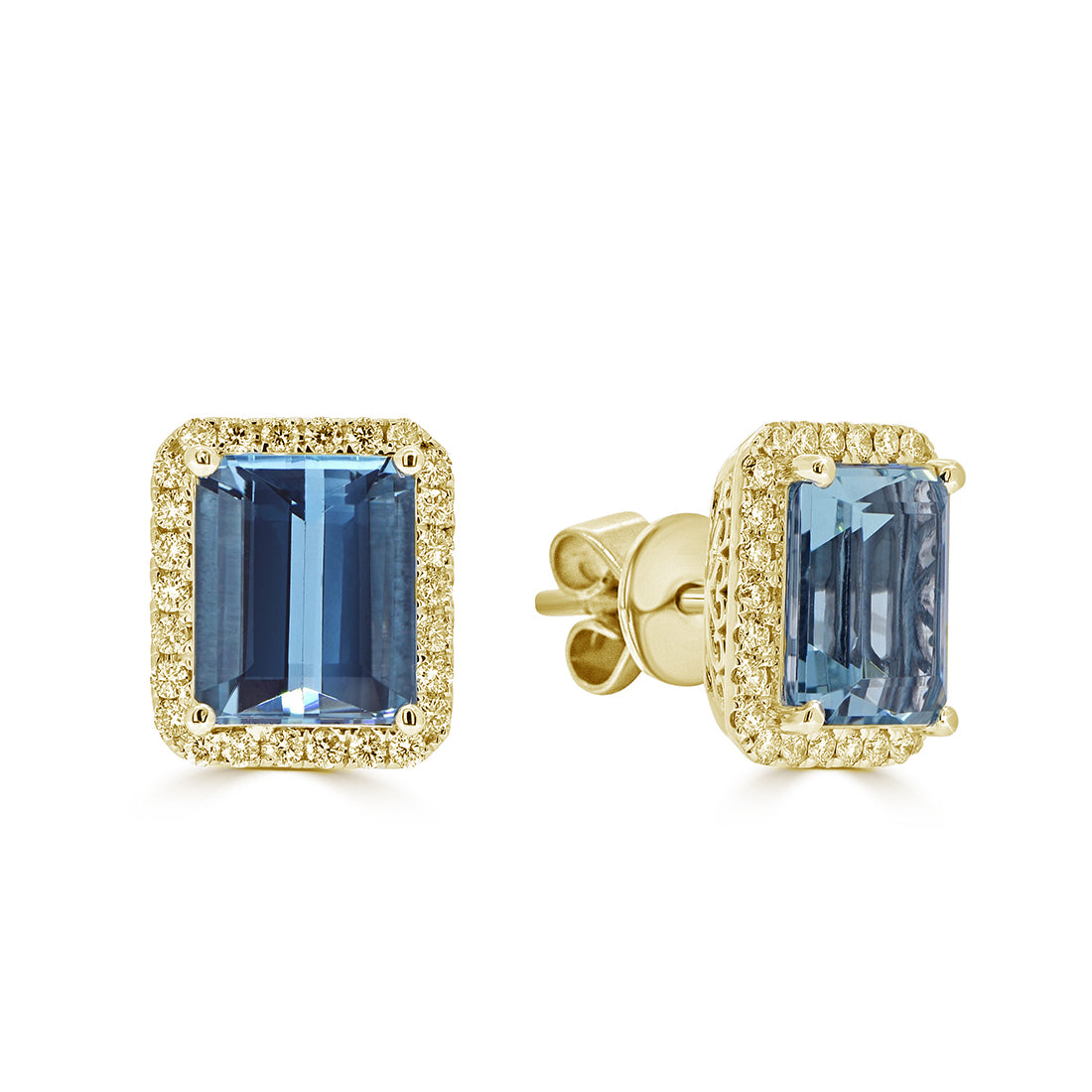 Emerald Cut Aquamarine and Diamond Halo Stud Earrings