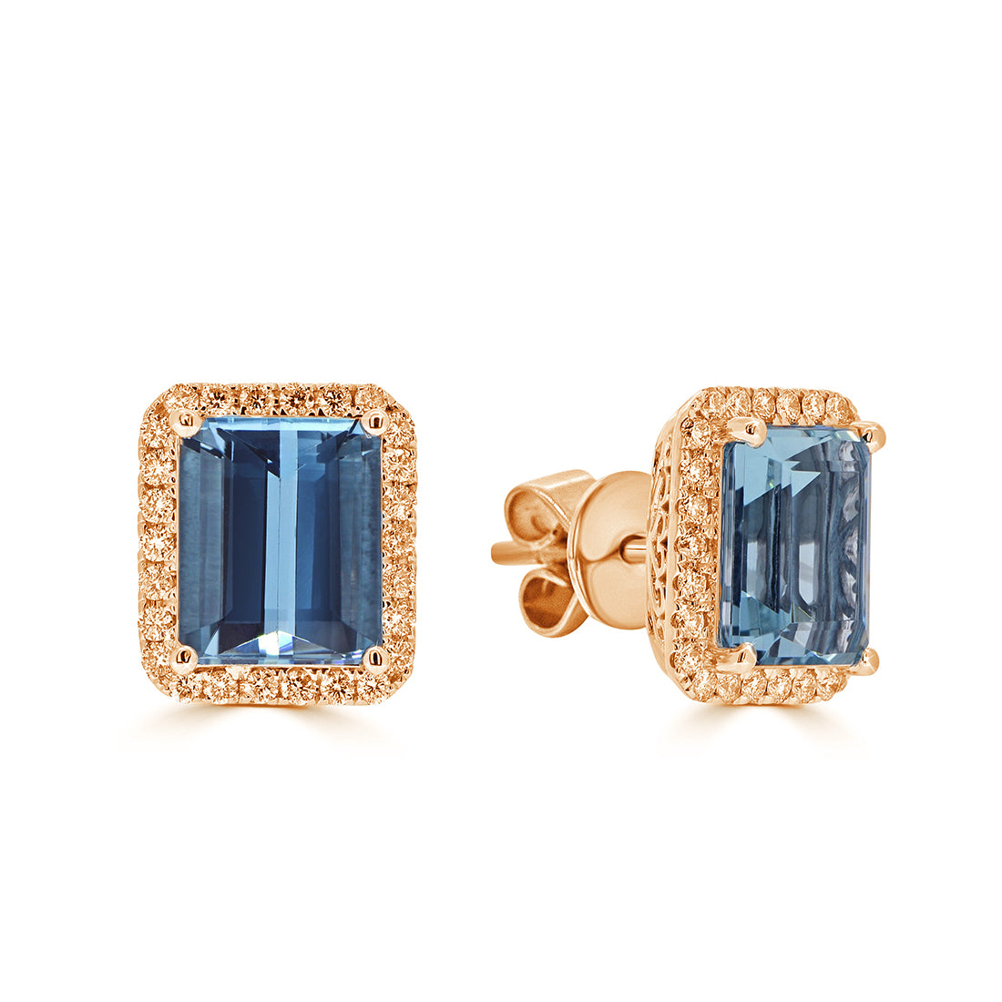 Emerald Cut Aquamarine and Diamond Halo Stud Earrings