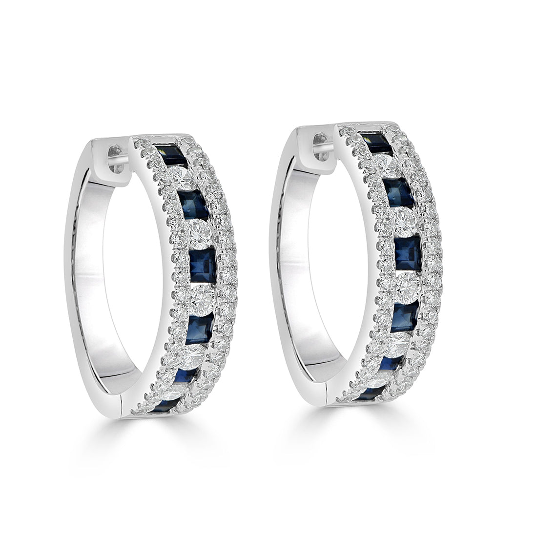 Princess Cut Sapphire and Round Diamond Huggie Earrings