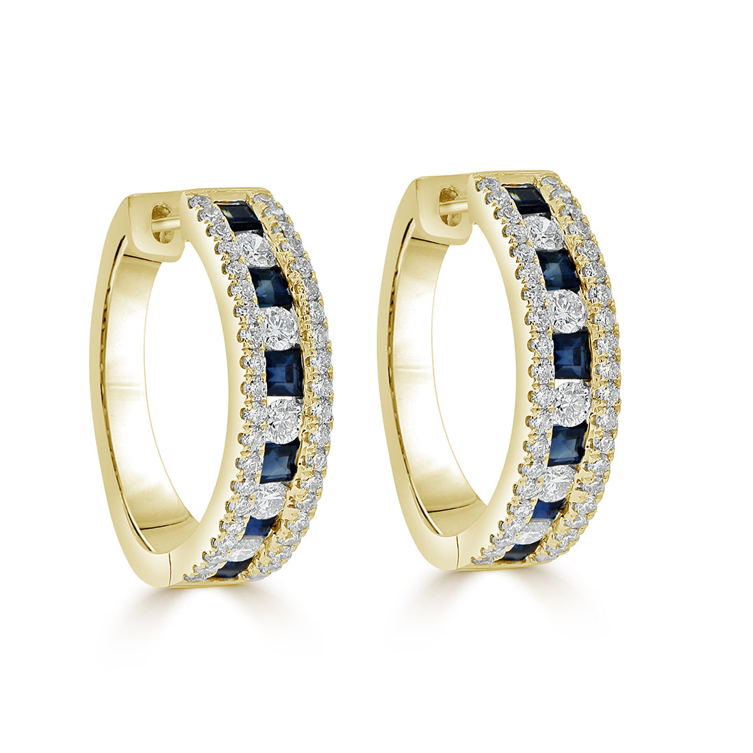 Princess Cut Sapphire and Round Diamond Huggie Earrings