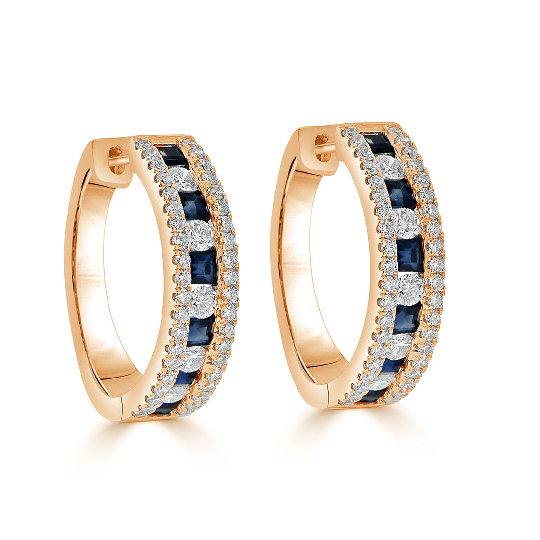 Princess Cut Sapphire and Round Diamond Huggie Earrings