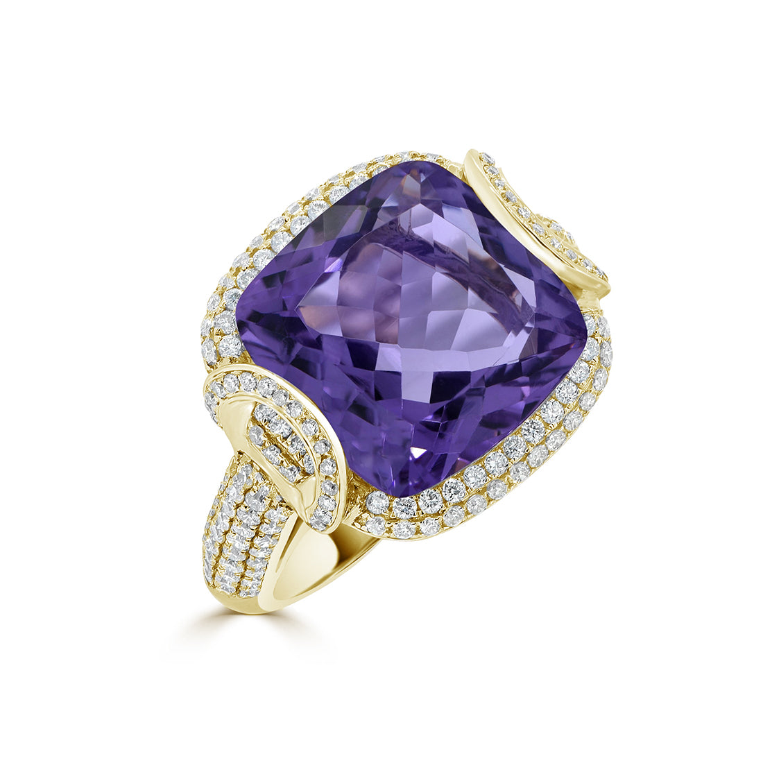 Cushion Cut Amethyst and Diamond Pavé Halo Ring