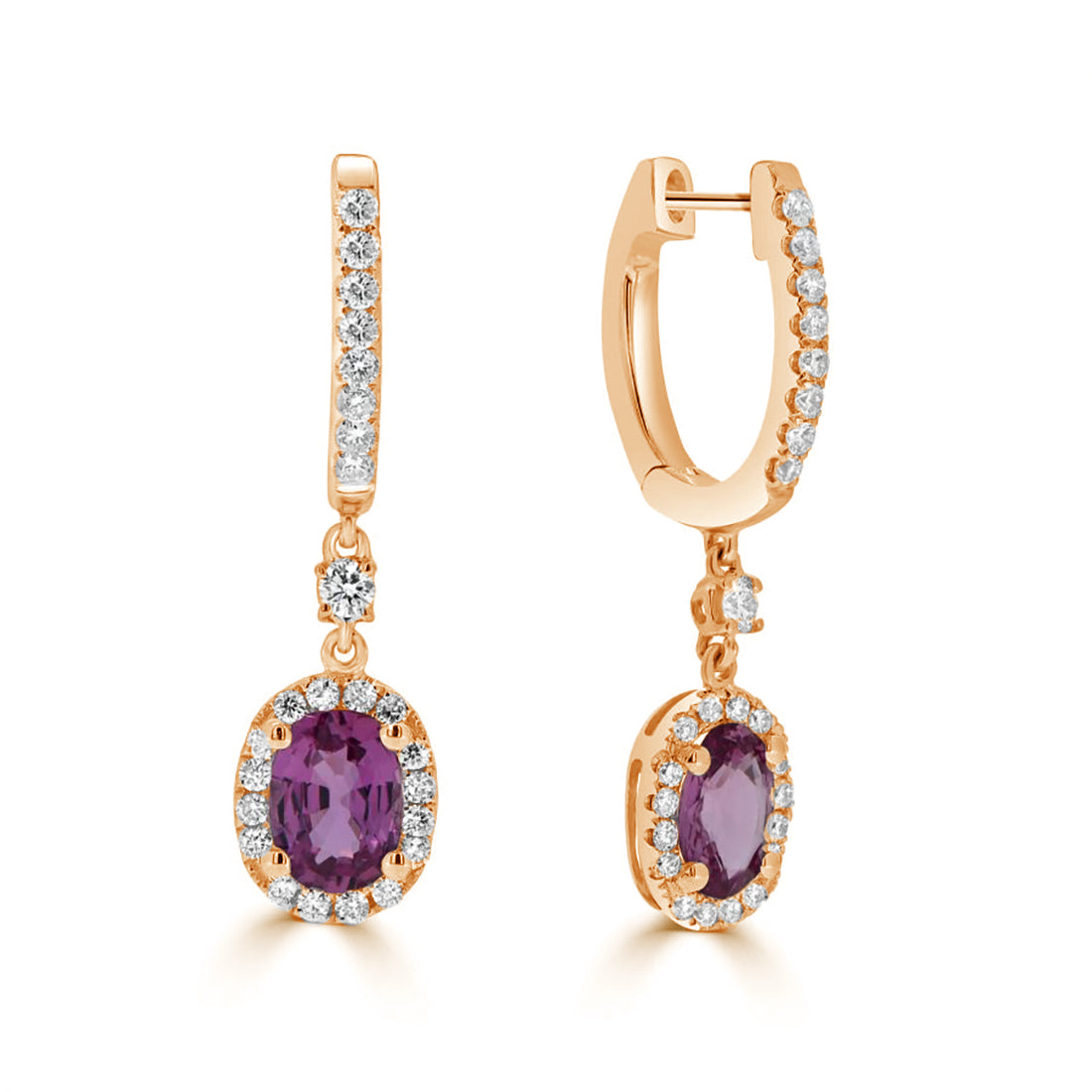 Oval Cut Pink Sapphire and Diamond Halo Drop Earrings