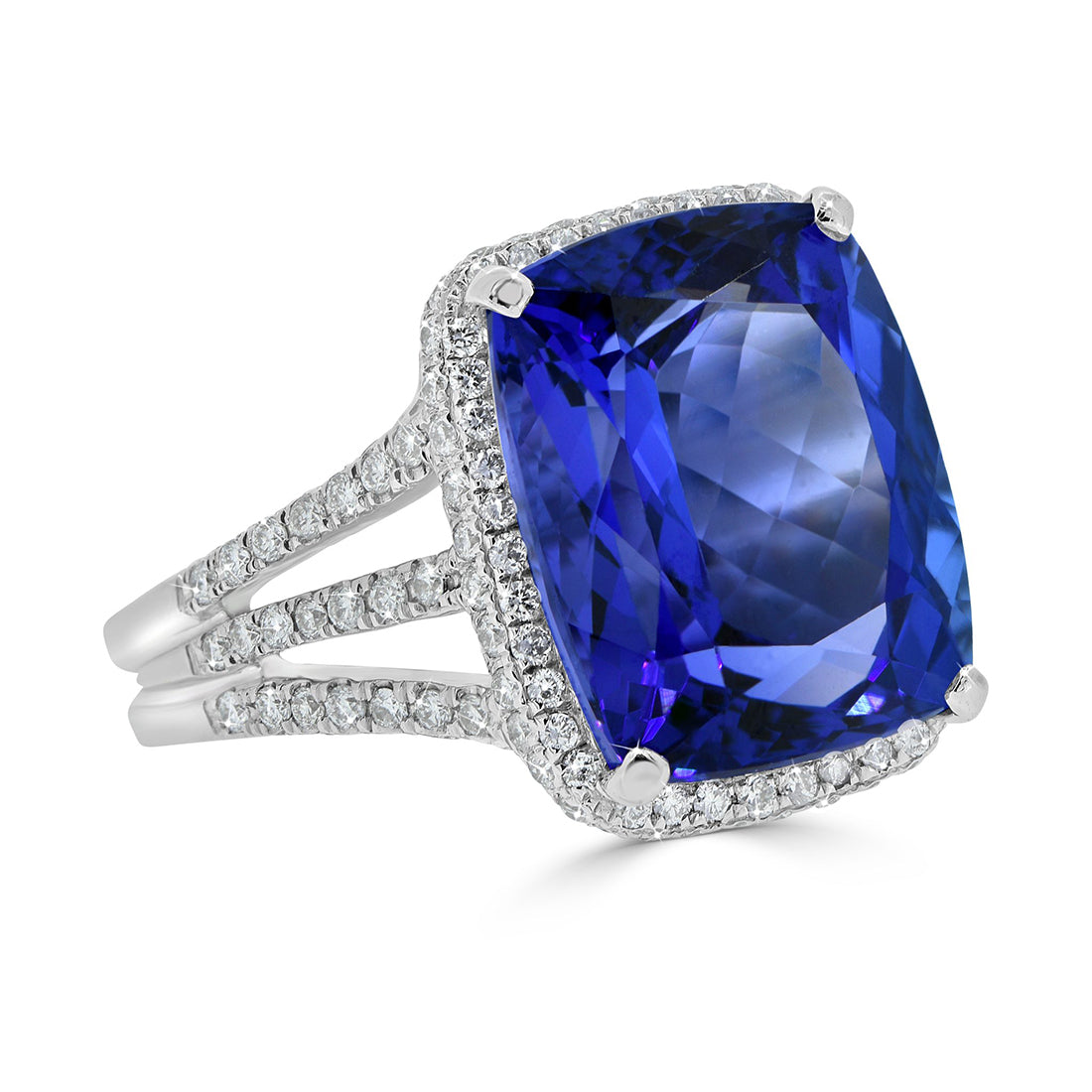 Diamond and Tanzanite Cushion Cut Halo Ring