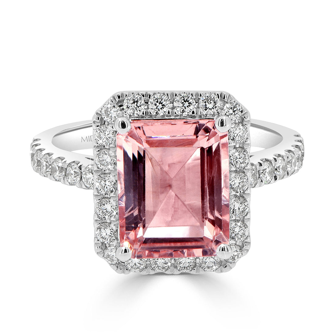 Emerald Cut Morganite Halo and Pavé Diamond Ring