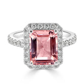 Emerald Cut Morganite Halo and Pavé Diamond Ring