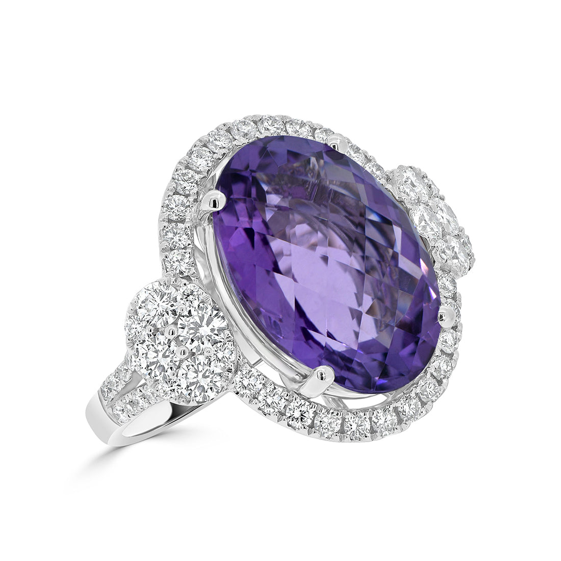 Oval Cut Amethyst and Side Cluster Halo Diamond Ring