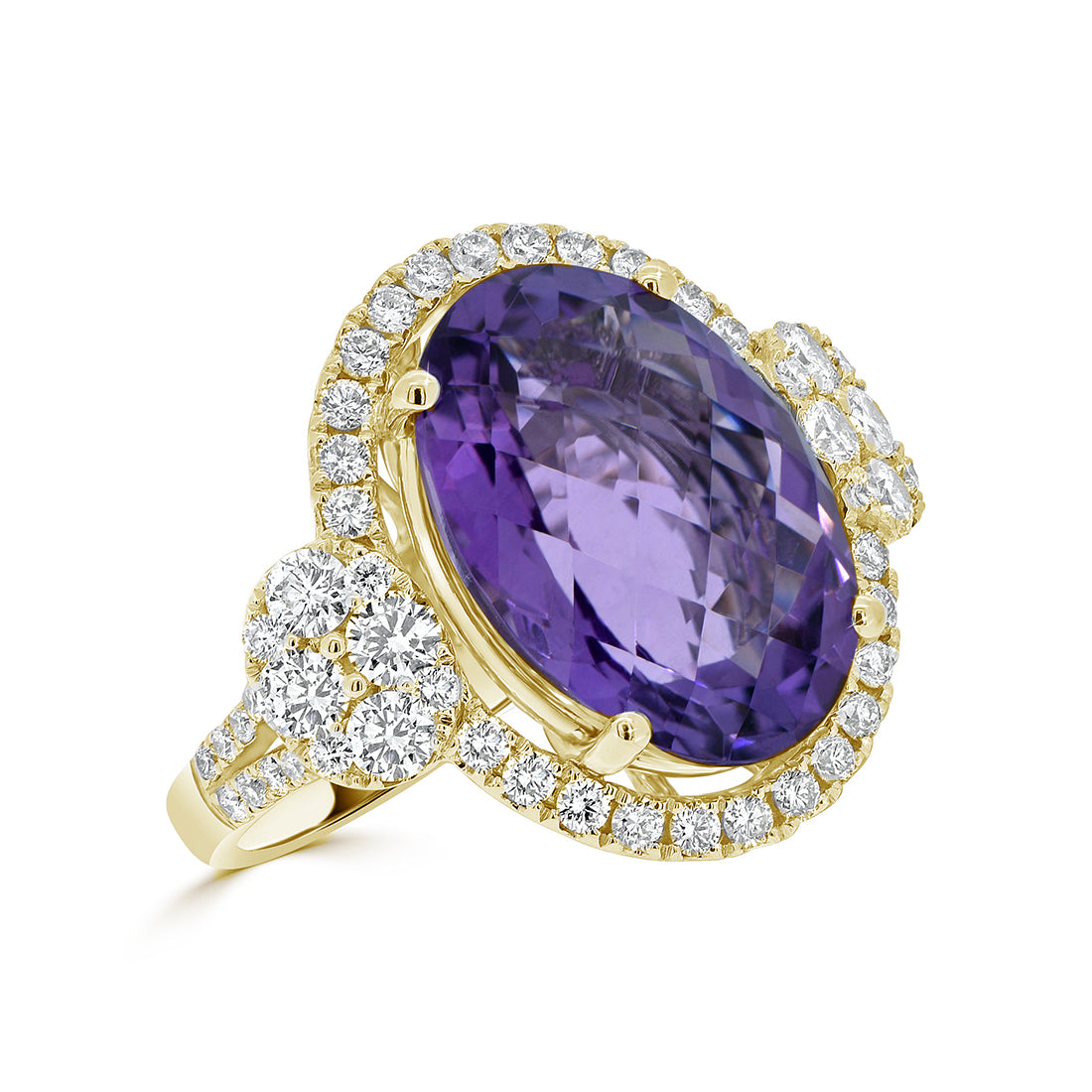 Oval Cut Amethyst and Side Cluster Halo Diamond Ring