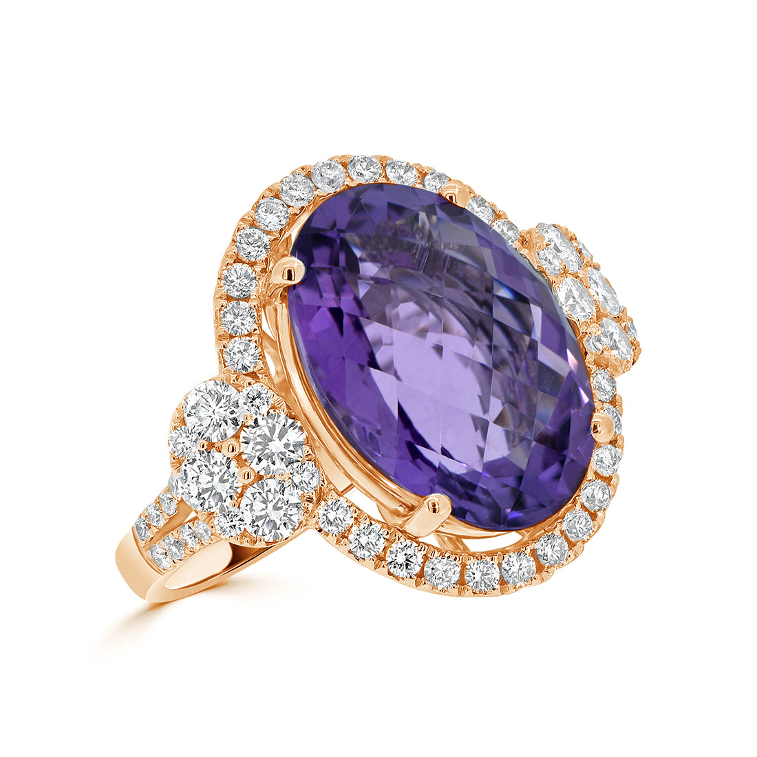 Oval Cut Amethyst and Side Cluster Halo Diamond Ring