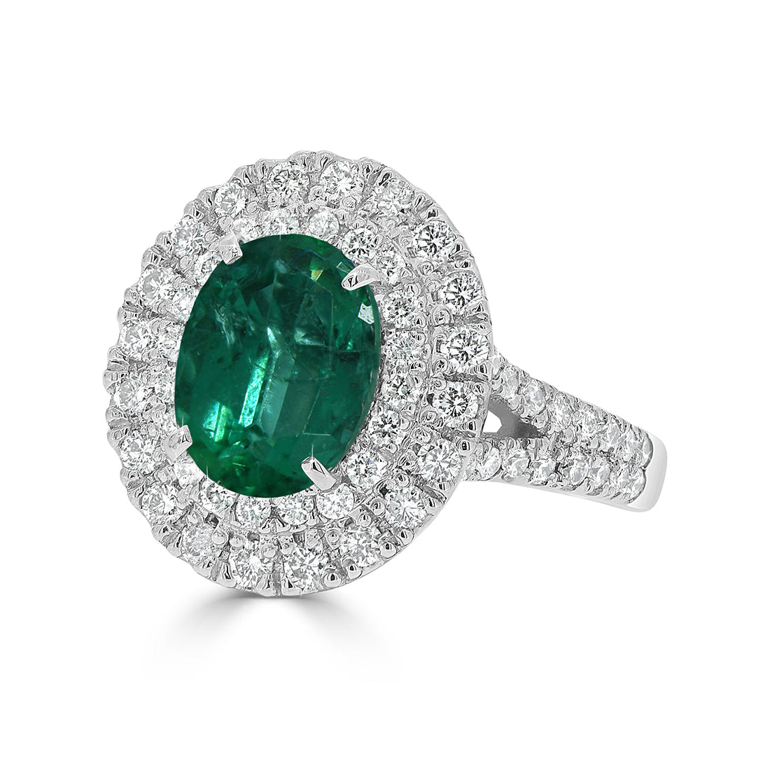 Oval Cut Emerald Double Halo Diamond Ring