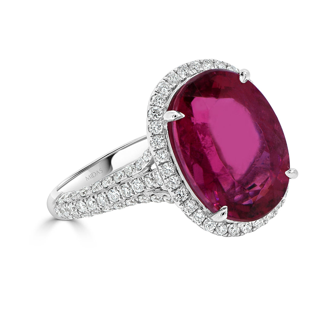 Oval Cut Rubellite and Round Diamond Halo Ring