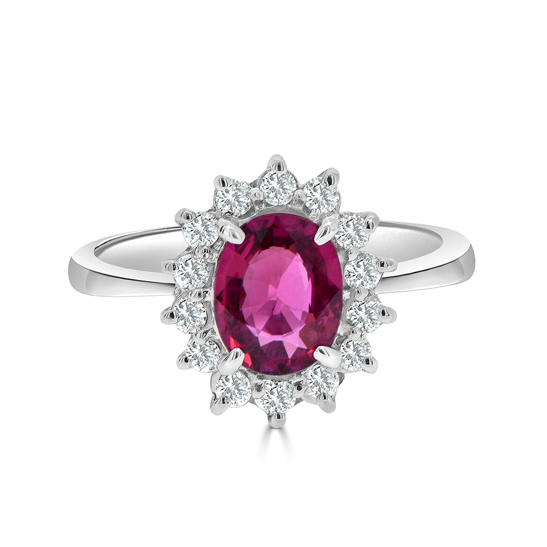 Oval Cut Ruby with Starburst Diamond Halo Ring
