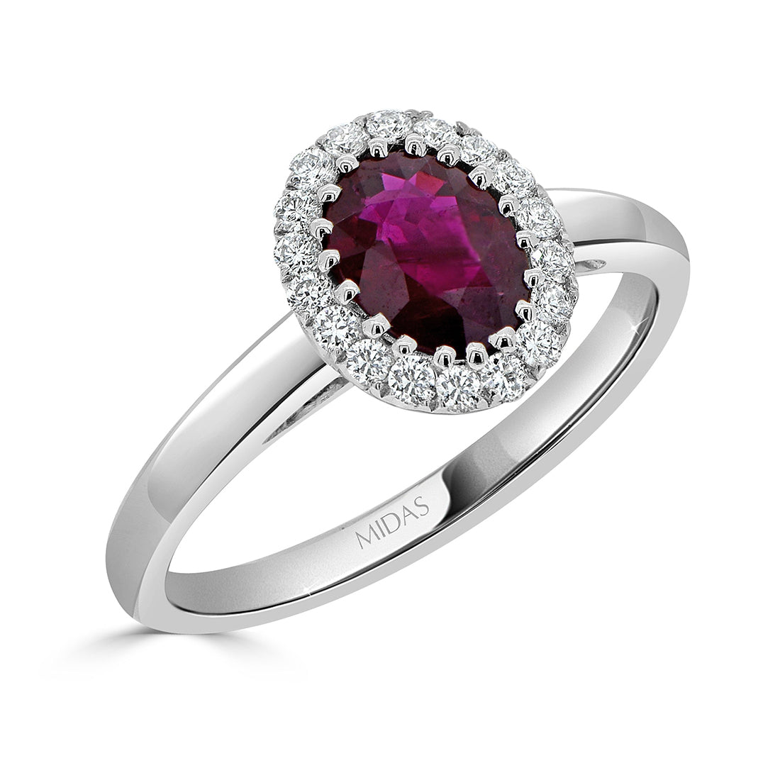 Oval Cut Ruby with Round Diamond Halo Ring