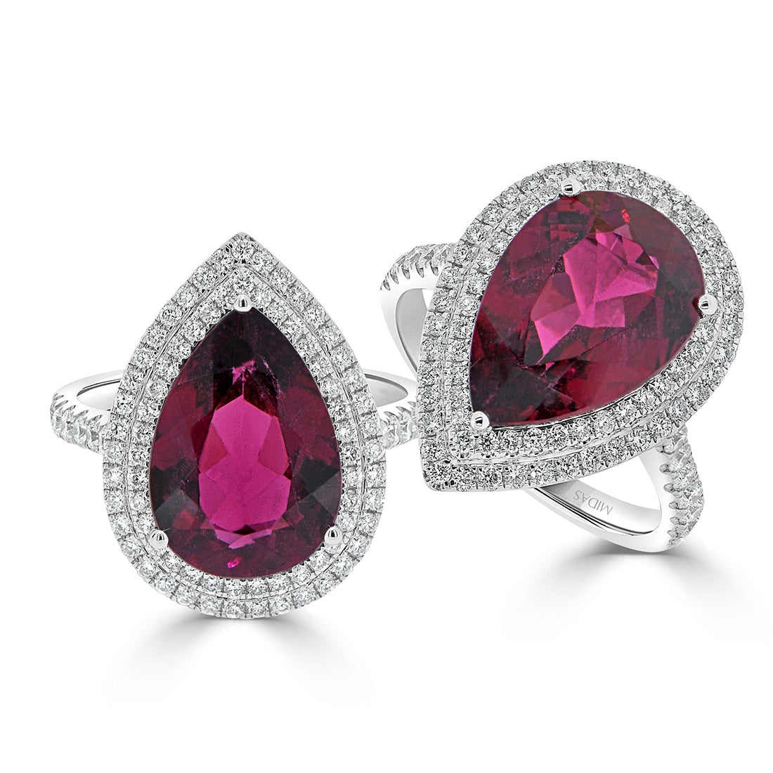 Pear Rubellite and Double Diamond Halo Ring