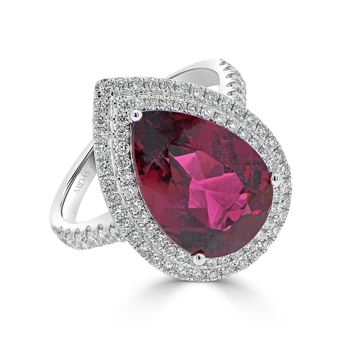 Pear Rubellite and Double Diamond Halo Ring