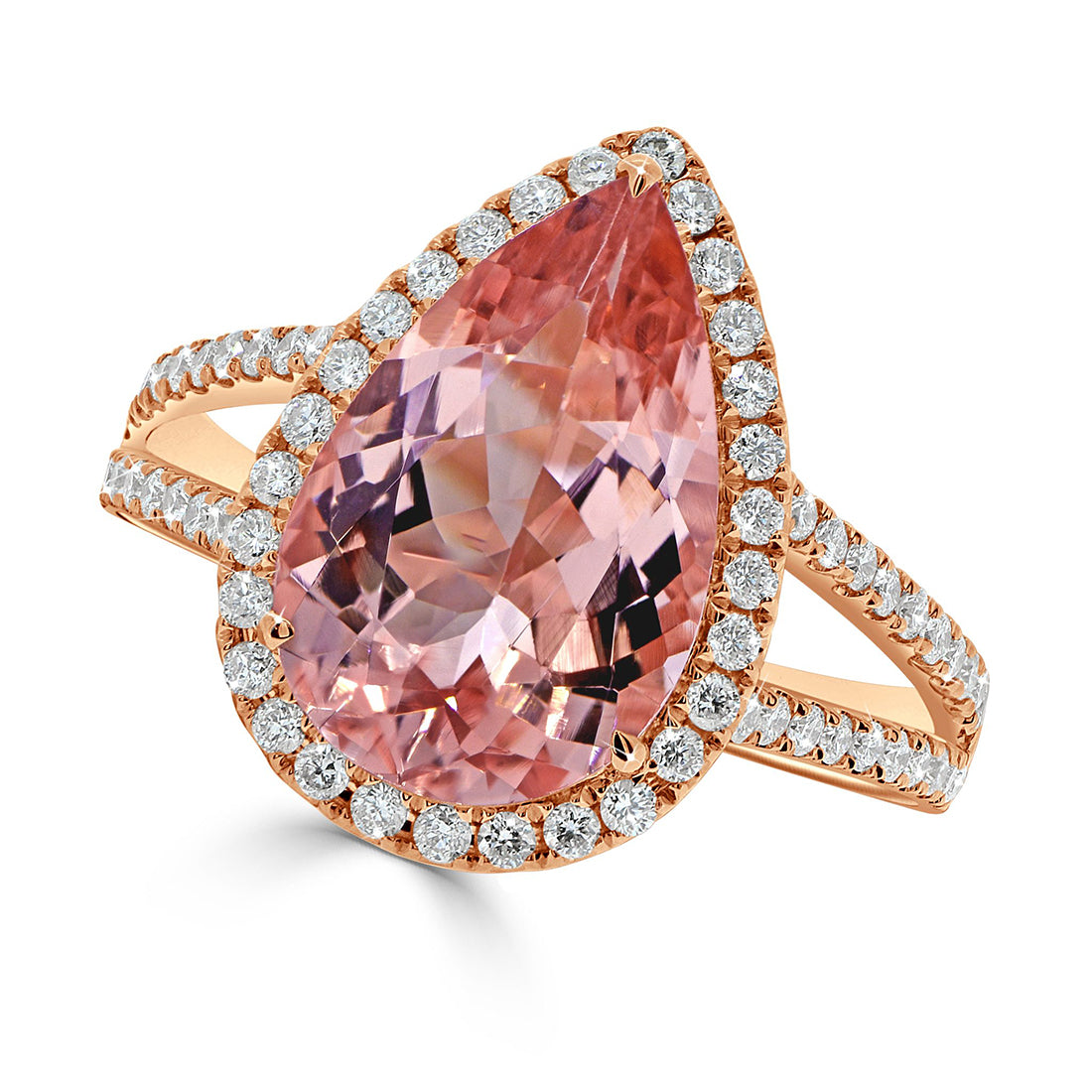 Pear Cut Morganite and Diamond Split Shank Ring