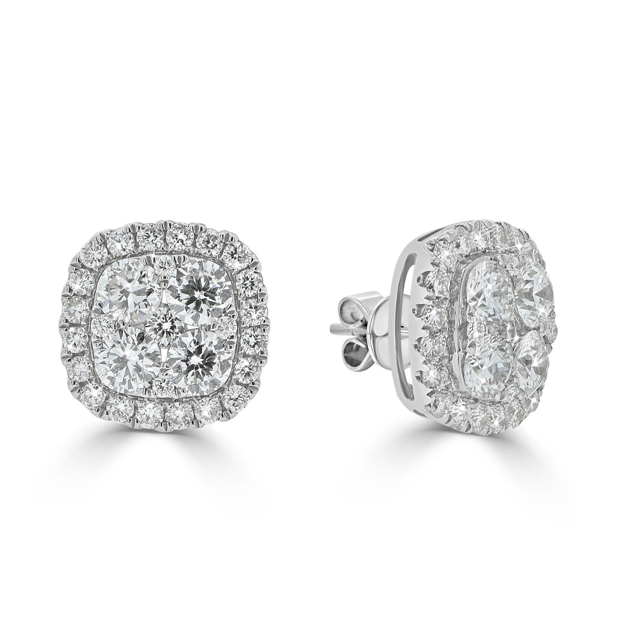 Cushion Cut Cluster Diamond Halo Stud Earrings