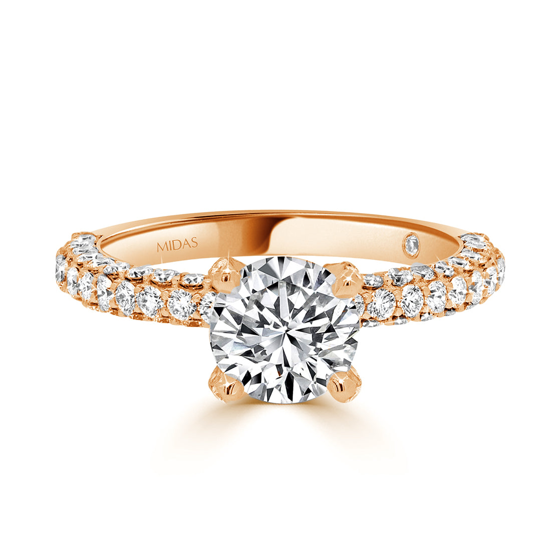 Round Brilliant Cut Solitaire with Three Row Pavé Diamond Band Engagement Ring