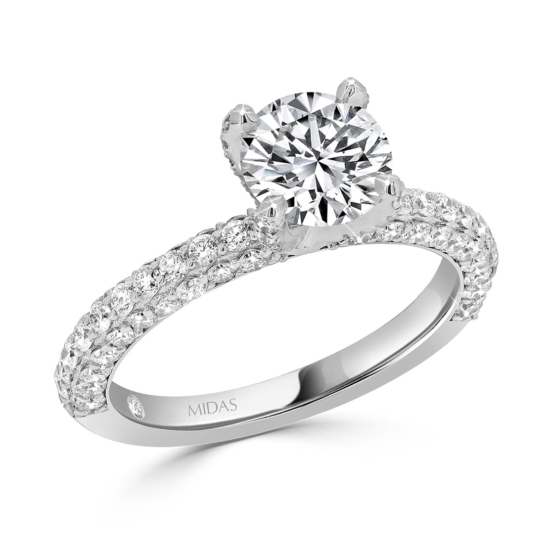 Round Brilliant Cut Solitaire with Three Row Pavé Diamond Band Engagement Ring