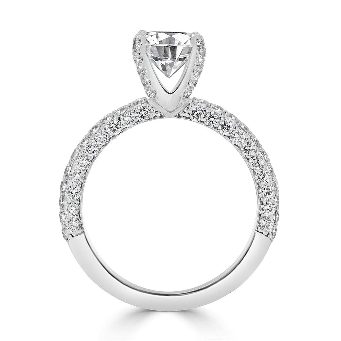 Round Brilliant Cut Solitaire with Three Row Pavé Diamond Band Engagement Ring