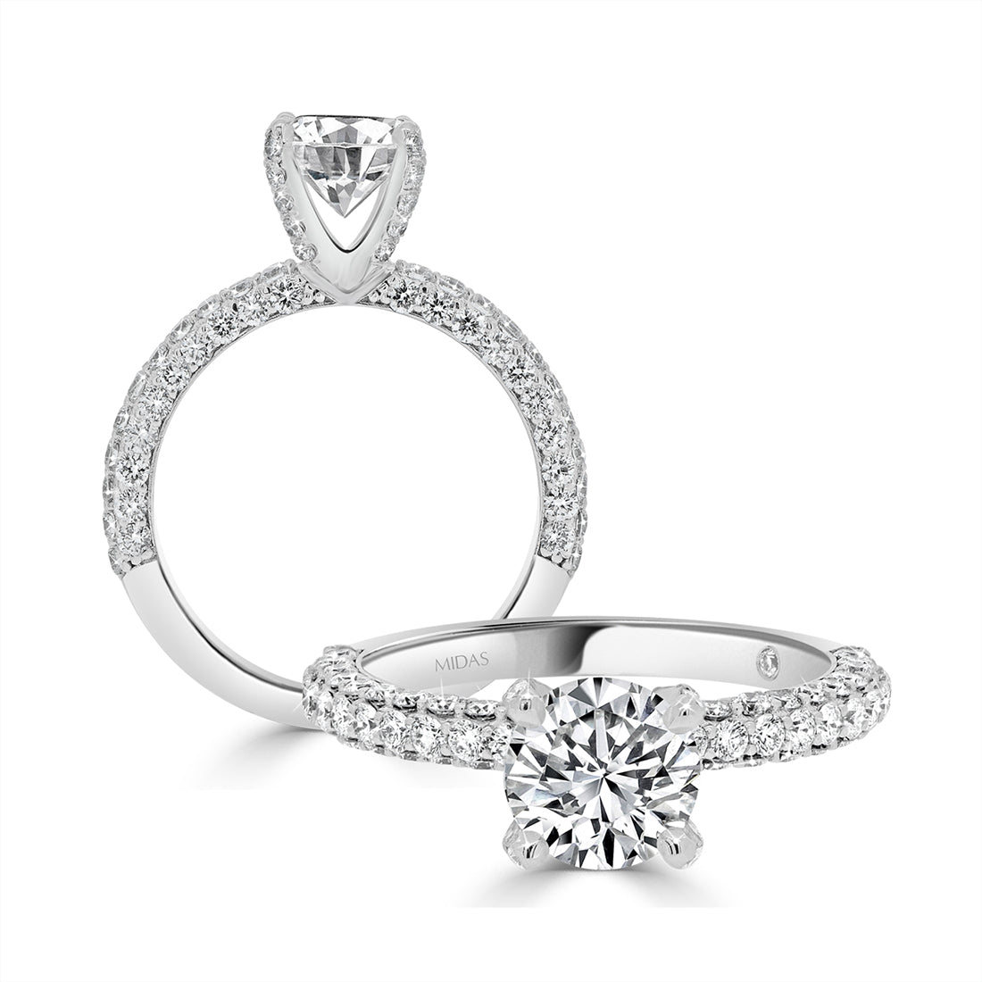 Round Brilliant Cut Solitaire with Three Row Pavé Diamond Band Engagement Ring