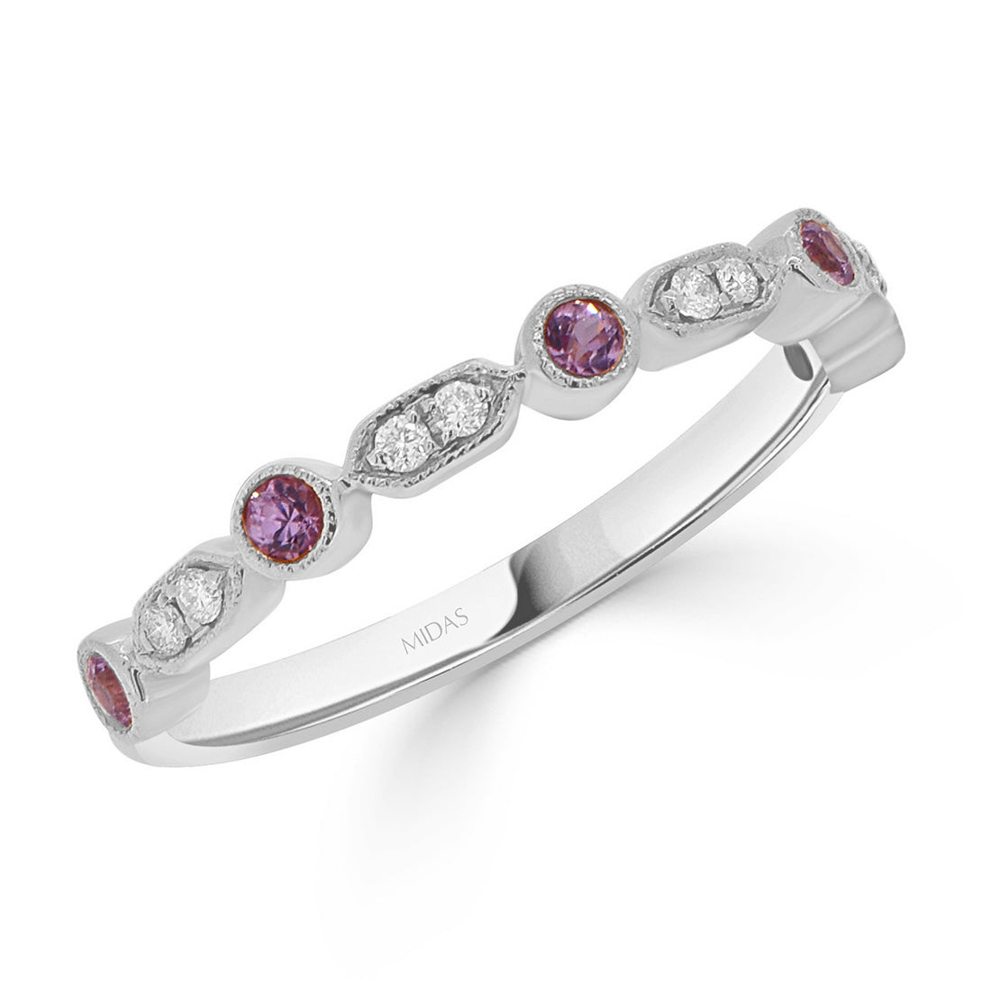 Round and Leaf Inspired Milgrain Pink Sapphire Wedding Band