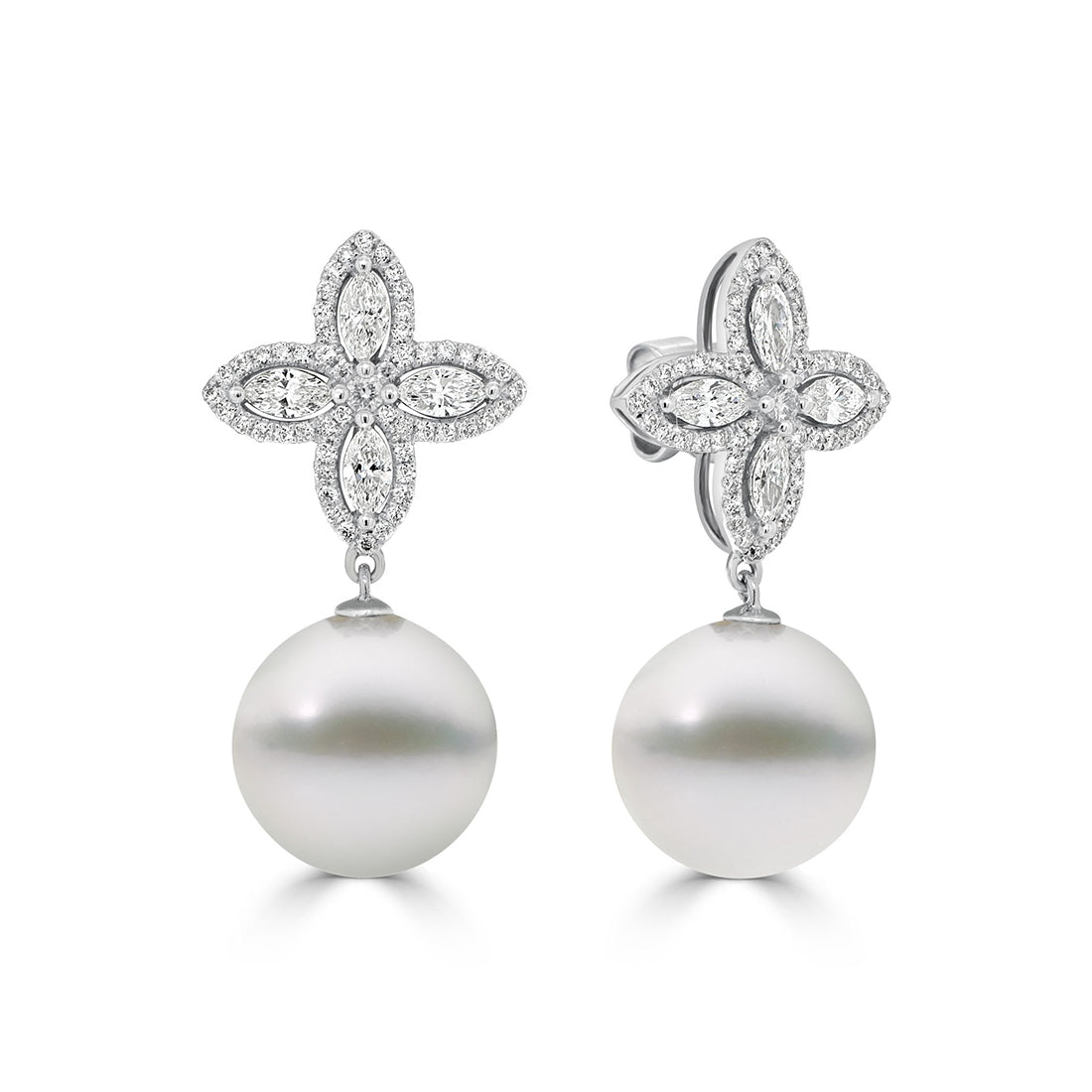 Marquise Diamond Cluster and Australian South Sea Pearl Drop Earrings