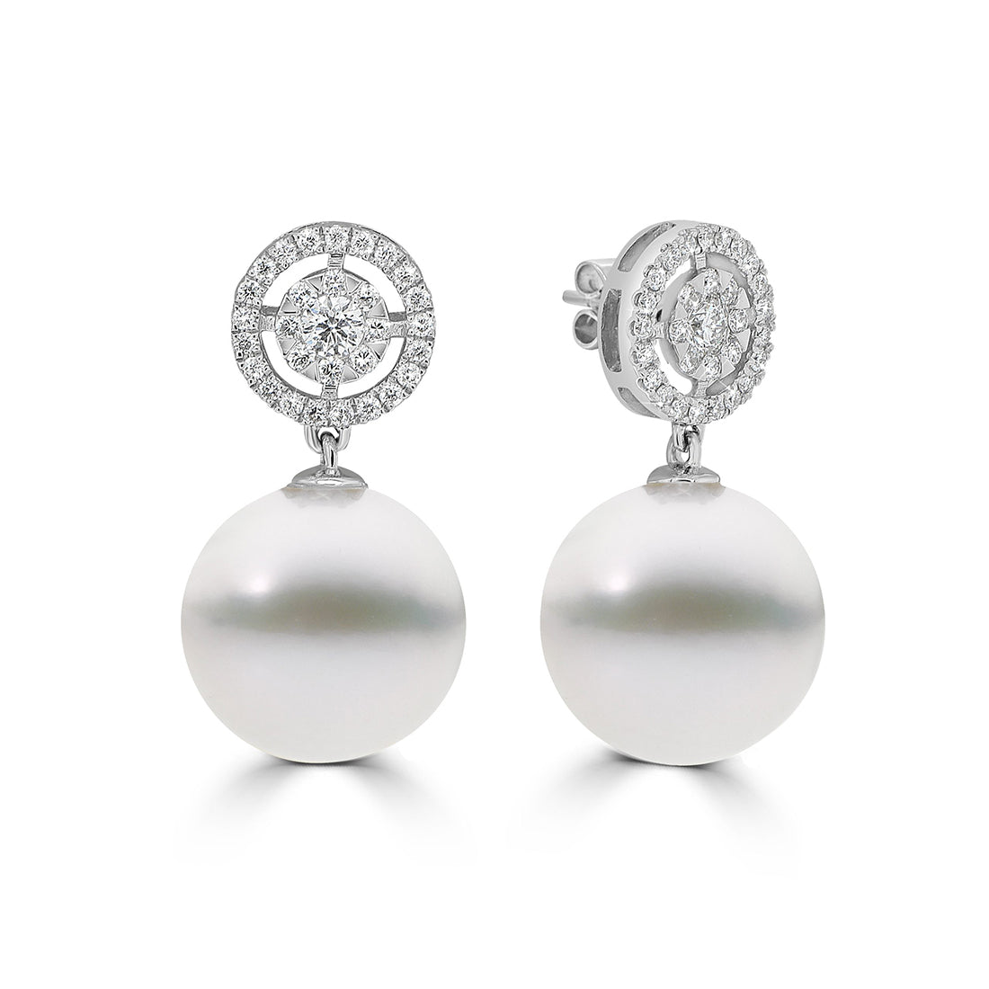 Round Brilliant Halo with Australian South Sea Pearls Drop Earrings