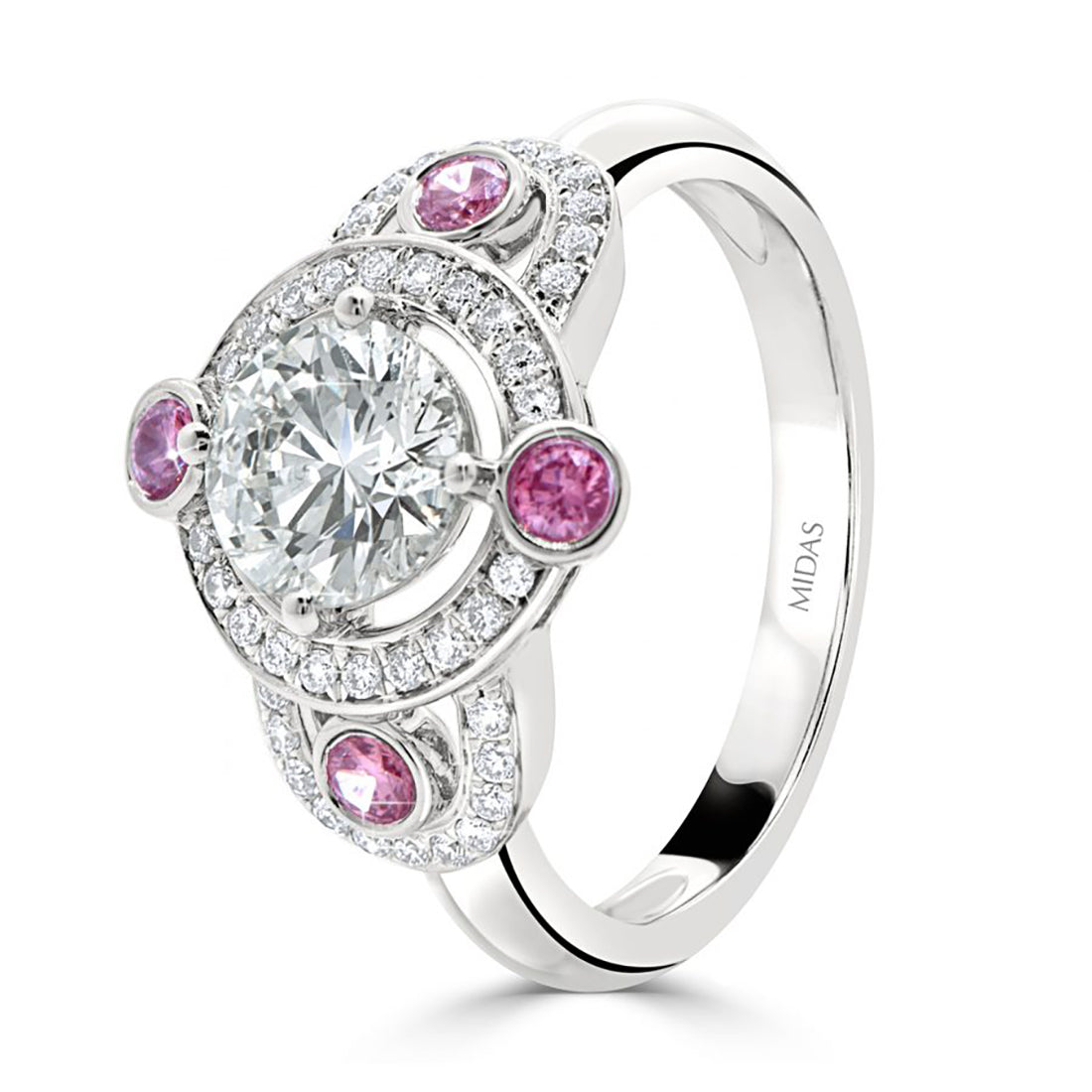 Round Brilliant Cut Pink Sapphire and Double Halo Diamond Engagement Ring