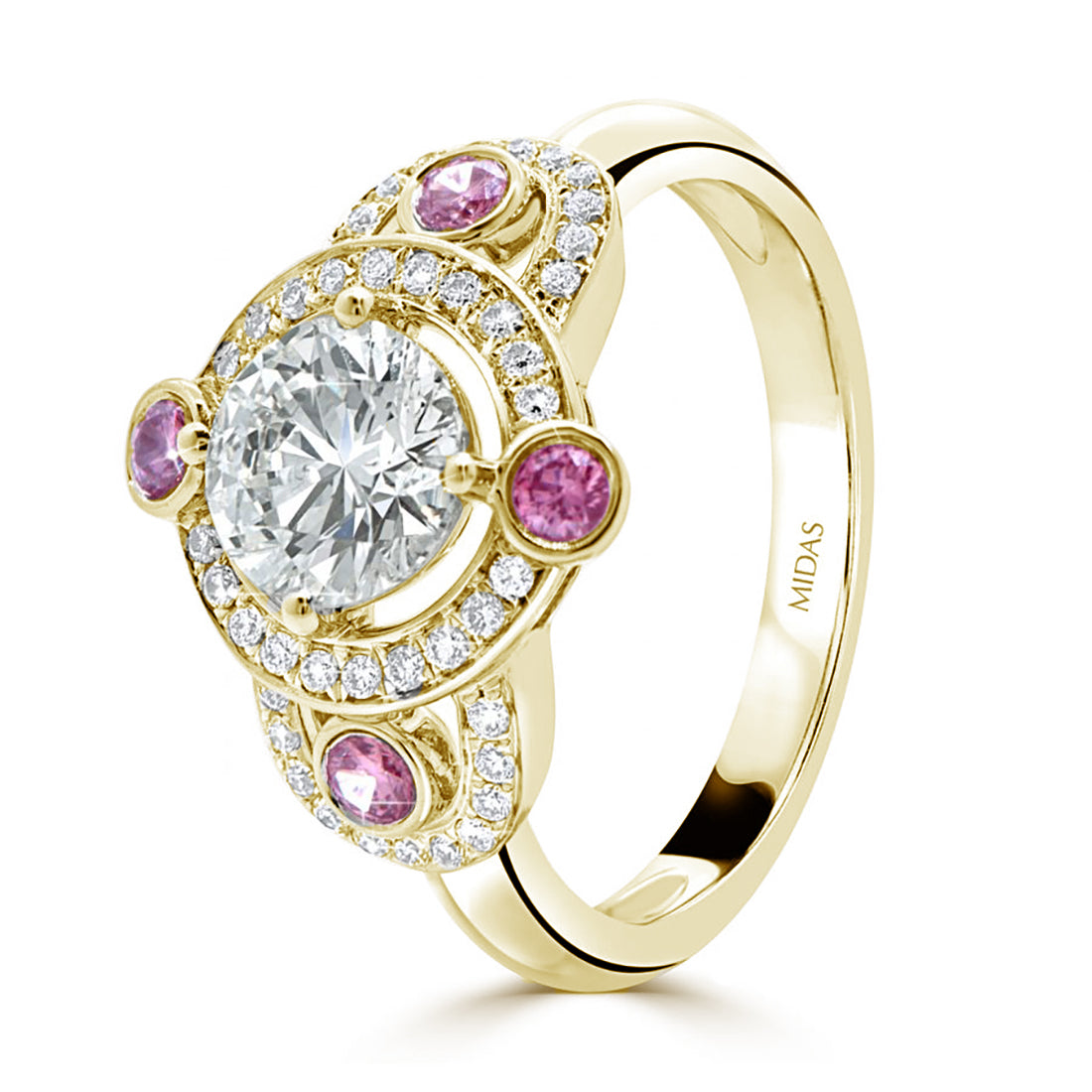 Round Brilliant Cut Pink Sapphire and Double Halo Diamond Engagement Ring
