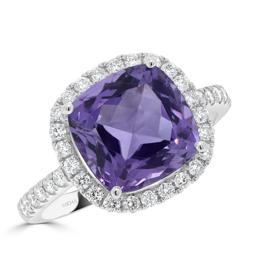 Cushion Cut Amethyst and Diamond Halo Ring