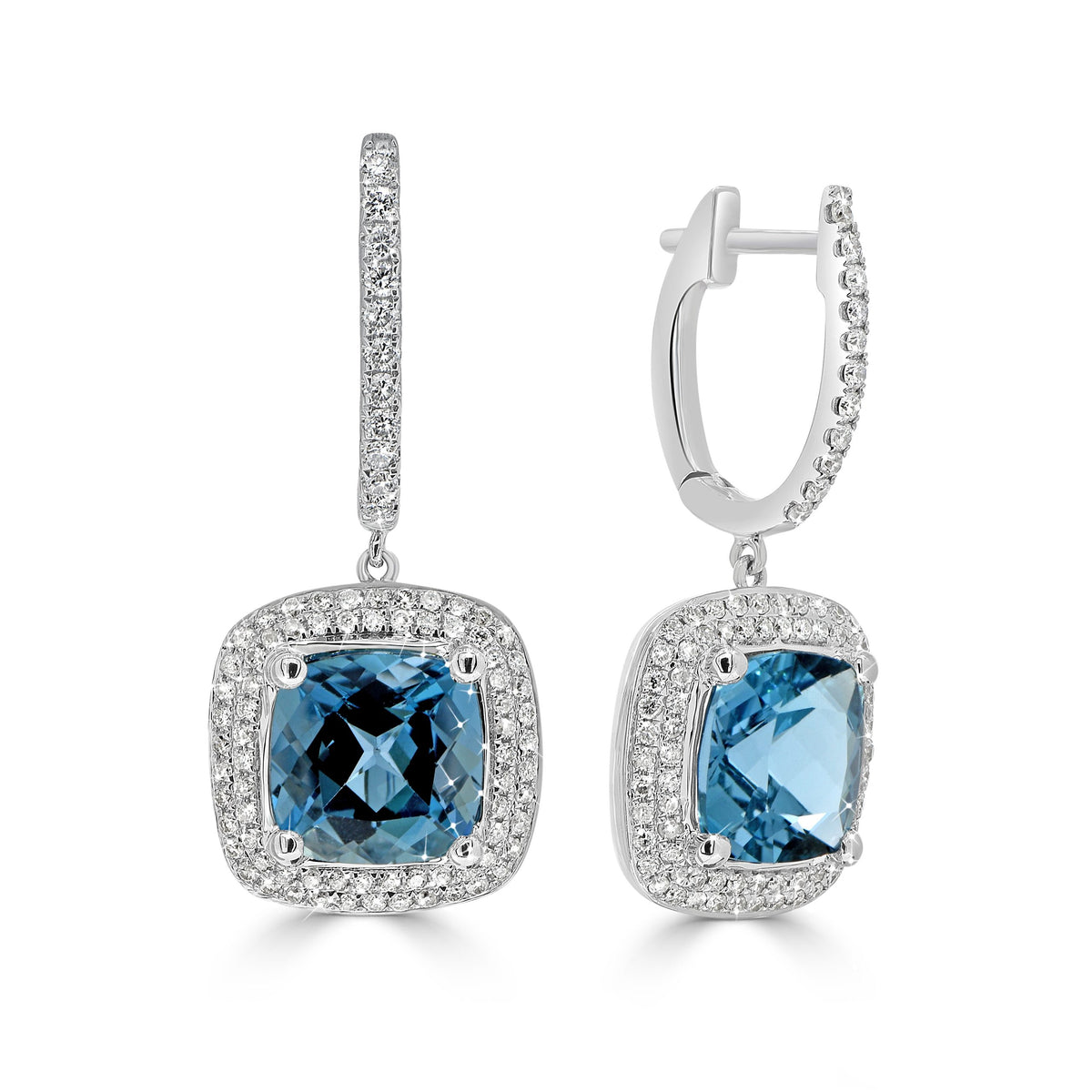 Cushion Cut London Blue Topaz and Diamond Pave Halo Huggie Earrings