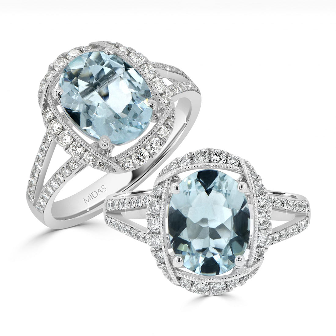Oval Cut Aquamarine and Diamond Halo Pavé Split Shank Ring